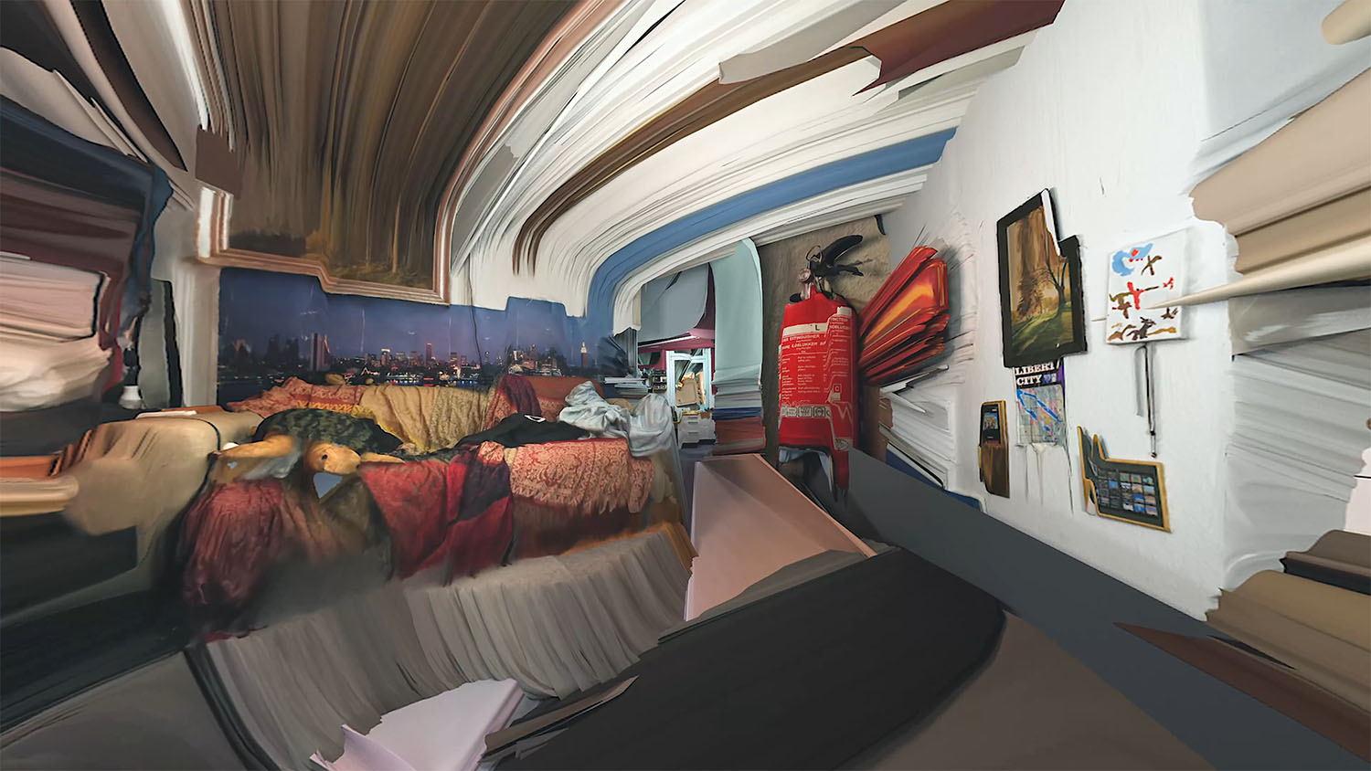 A colorful room containing a sofa and fire extinguisher is digitally distorted.